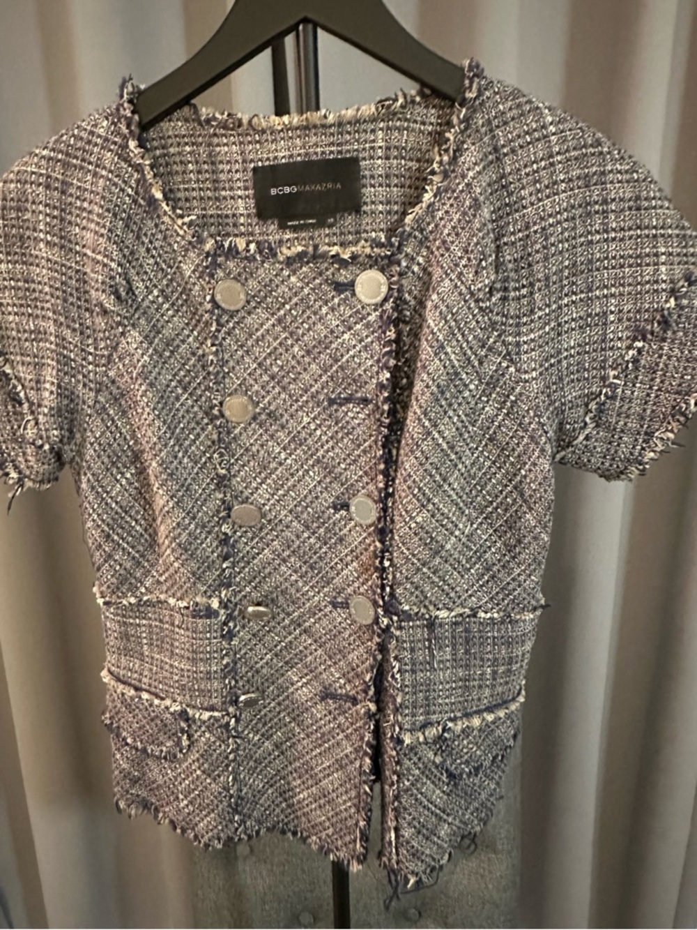 BCBGMaxAzria Navy and White Tweed Short-Sleeve Jacket